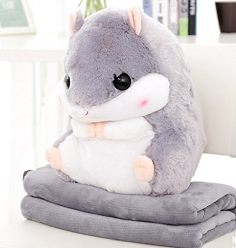 YunNasi 2 in 1 Hamster Kuscheltier Plüschtier Hamster Kissen mit Kuscheldecke Super Süßes Geschenk für Kinder und Freundin (Grau) von YunNasi