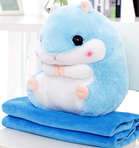YunNasi 2 in 1 Hamster Kuscheltier Plüschtier Hamster Kissen mit Kuscheldecke Super Süßes Geschenk für Kinder und Freundin 50cmX30cm (Blau) von YunNasi