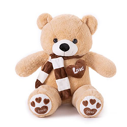 YunNasi Teddybär Groß Riesen Teddy Bär Hellbraun 100cm Plüschtier Kuscheltier Stofftier Teddybär mit Herz und Schal von YunNasi