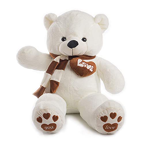 YunNasi Teddybär Groß Riesen Teddy Bär Weiß 100cm Plüschtier Kuscheltier Stofftier Teddybär mit Herz und Schal von YunNasi