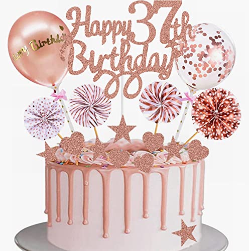 ) Yunchu Online Tortendeko 37. Geburtstag Frau Happy 37th Birthday Cake Topper Roségold Kuchen Topper 37 jahre Frau Kuchendeko 37. Geburtstag Tortendeko für 37. Geburtstag Cupcake Toppers von Yunchu Online