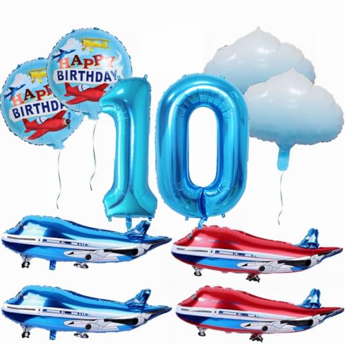 Yunchu Online 10. Flugzeug Geburtstag Dekoration - Großer Blauer Rot Ballon, Cloud Folienballons, Party Set für Junge Mädchen von Yunchu Online