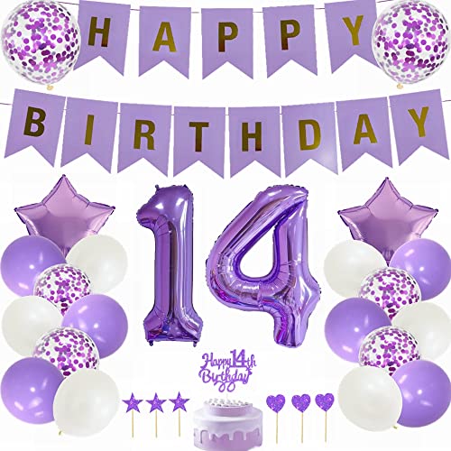 Yunchu Online 14. Geburtstag Dekoration Mädchen Lila - Party Deko Set Mit Tortendeko, Ballon für Junge und Mädchen - Geschenk 14 Jahre von Yunchu Online