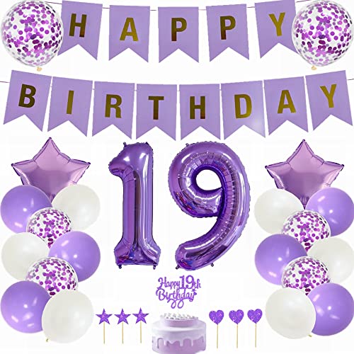 Yunchu Online 19. Geburtstag Dekoration Mädchen Lila - Tortendeko, White Party Deko, Geschenk für 19 Jahre - Ballon Set für Junge und Mädchen von Yunchu Online