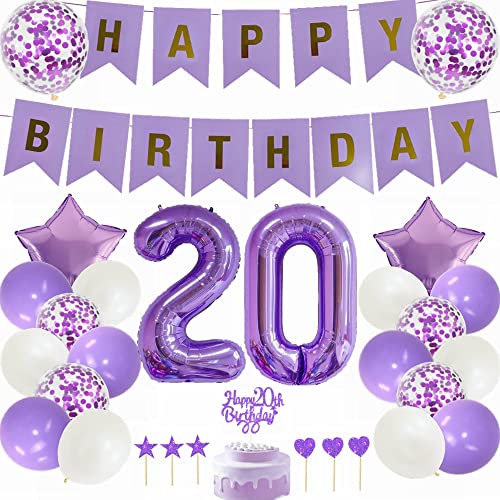Yunchu Online 20. Geburtstag Dekoration Mädchen Lila - Party Deko für Junge und Mädchen - Tortendeko, Ballon, Geschenk - Lila White Party von Yunchu Online