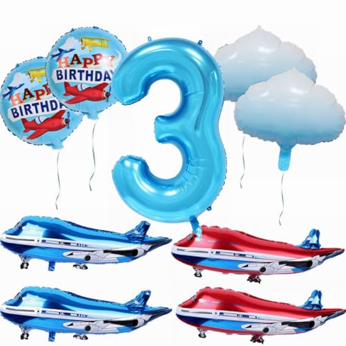 Yunchu Online 3. Flugzeug Geburtstag Dekoration - Großer Blauer Rot Ballon, Cloud Folienballons, Party Set für 3. Geburtstag Junge Mädchen von Yunchu Online