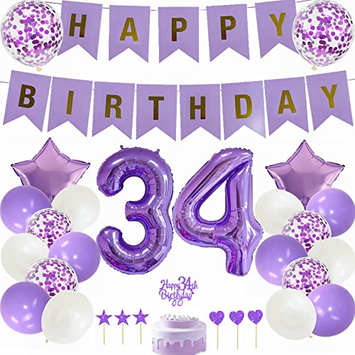 Yunchu Online 34. Geburtstag Dekoration Lila Weiß für Mann und Frau - Tortendeko, Party Deko, Ballon - Geschenk für 34 Jahre von Yunchu Online