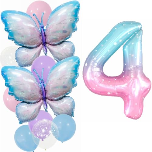 Yunchu Online 4. Geburtstag Dekoration Mädchen - Gradient Schmetterling Ballons Deko 4 Jahre Party Set - Große Folienballon für Schmetterling Party Supplies von Yunchu Online