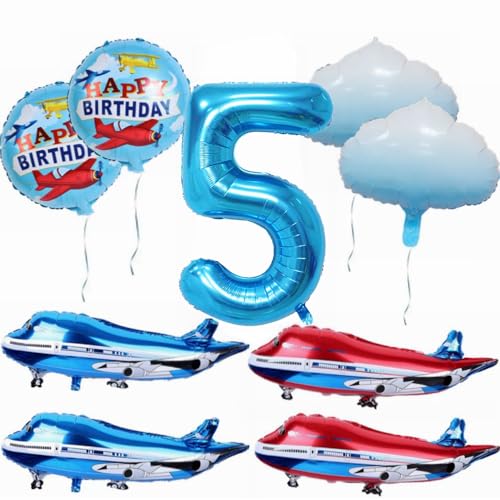 Yunchu Online 5. Flugzeug Geburtstag Dekoration - Großer Blauer Rot Ballon, Cloud Folienballons, Party Set für 5. Geburtstag Junge Mädchen von Yunchu Online