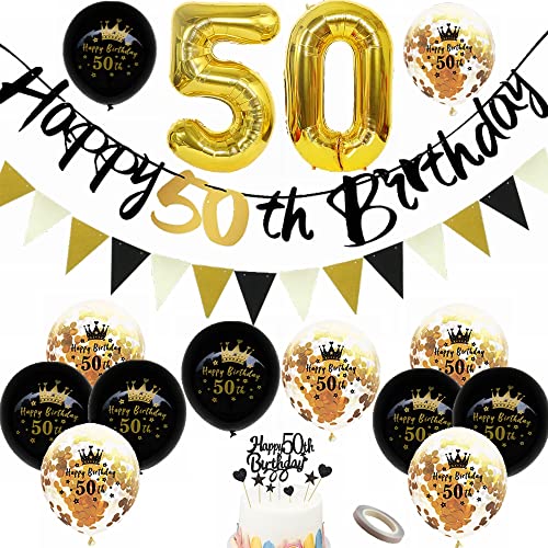Yunchu Online 50. Geburtstag Dekoration - Luftballon, Banner, Wimpelkette für Männer und Frauen - Schwarz Gold Party Deko Set mit Tortendeko - Geschenk für 50 Jahre von Yunchu Online