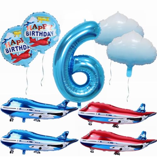 Yunchu Online 6. Flugzeug Geburtstag Dekoration - Großer Blauer Und Roter Ballon, Cloud Folienballons, Party Set für Jungen Und Mädchen von Yunchu Online
