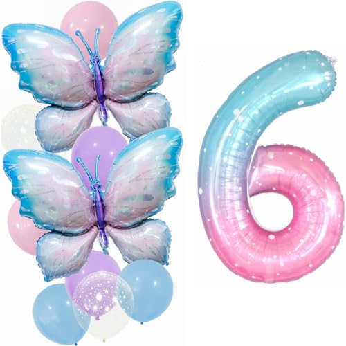 Yunchu Online 6. Geburtstag Dekoration Mädchen Gradient Schmetterling Ballons Deko 6 Jahre Schmetterling Geburtstag Party Set Große Schmetterling Folienballon für Schmetterling Party Supplies von Yunchu Online