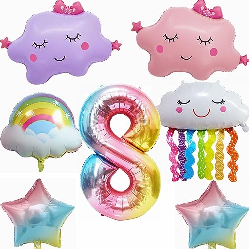 Yunchu Online 8. Regenbogen Geburtstagsdeko Set für Mädchen: 9 Stück, inkl. Ballons, Quasten, Sterne & Strohhalm - perfekt für 8. Geburtstag, Kindergeburtstage & mehr von Yunchu Online