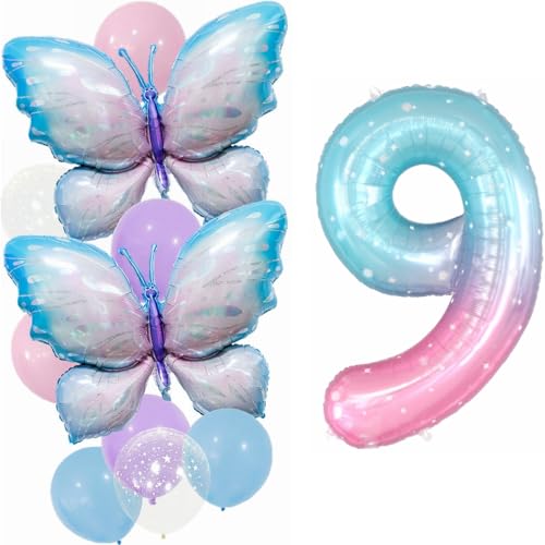 Yunchu Online 9. Geburtstag Dekoration Mädchen Gradient Schmetterling Ballons Deko 9 Jahre Schmetterling Geburtstag Party Set Große Schmetterling Folienballon für Schmetterling Party Supplies von Yunchu Online