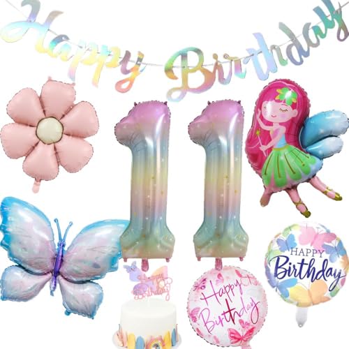 Yunchu Online Deko 11. Geburtstag Mädchen Schmetterling Deko Geburtstag 11 Jahre Schmetterling Party Set Feen Ballon Gänseblümchen Folienballon für Geburtstagsdeko Mädchen Party Dekoration von Yunchu Online