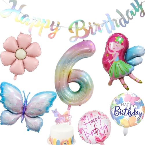 Yunchu Online Deko 6. Geburtstag Mädchen Schmetterling Deko Geburtstag 6 Jahre Schmetterling Party Set Feen Ballon Gänseblümchen Folienballon für Geburtstagsdeko Mädchen Party Dekoration von Yunchu Online