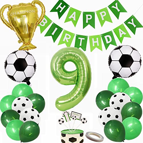 Yunchu Online Fußball Luftballon 9. Geburtstag Dekoration Grün - Cake Topper, Party Deko, Luftballons für 9 Jahre Junge - Geschenk von Yunchu Online