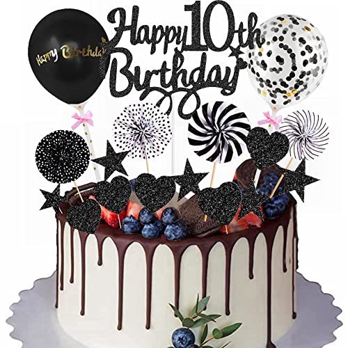 Yunchu Online Happy 10th Birthday Tortendeko Schwarz Tortendeko 10 Geburtstag Deko Kuchen Topper 10 jahre Junge Mädchen Kuchendeko 10. Geburtstag Schwarz Tortendeko für 10. Geburtstag Cupcake Toppers von Yunchu Online