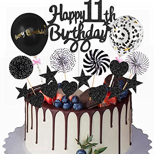 Yunchu Online Happy 11th Birthday Tortendeko Schwarz für Junge Mädchen - Kuchen Topper 11 Jahre - Kuchendeko Cupcake Toppers von Yunchu Online