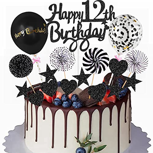 Yunchu Online Happy 12th Birthday Tortendeko Schwarz Tortendeko 12 Geburtstag Deko Kuchen Topper 12 jahre Junge Mädchen Kuchendeko 12. Geburtstag Schwarz Tortendeko für 12. Geburtstag Cupcake Toppers von Yunchu Online