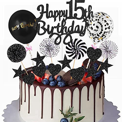 Yunchu Online Happy 15th Birthday Tortendeko Schwarz für Junge Mädchen - Kuchen Topper 15 Jahre Kuchendeko - Cupcake Toppers von Yunchu Online