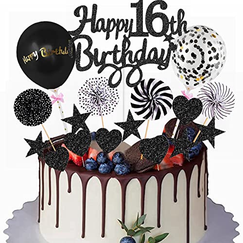 Yunchu Online Happy 16th Birthday Tortendeko Schwarz Tortendeko 16 Geburtstag Deko Kuchen Topper 16 jahre Junge Mädchen Kuchendeko 16. Geburtstag Schwarz Tortendeko für 16. Geburtstag Cupcake Toppers von Yunchu Online