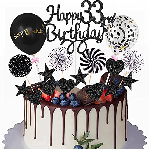 Yunchu Online Happy 33. Geburtstag Tortendeko Schwarz - Kuchen Topper für Mann und Frau - Kuchendeko 33 Jahre - Cupcake Toppers von Yunchu Online