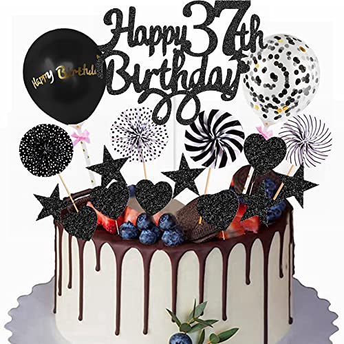 Yunchu Online Happy 37th Birthday Tortendeko Schwarz für Mann Frau - Kuchen Topper 37 Jahre Kuchendeko - Cupcake Toppers von Yunchu Online
