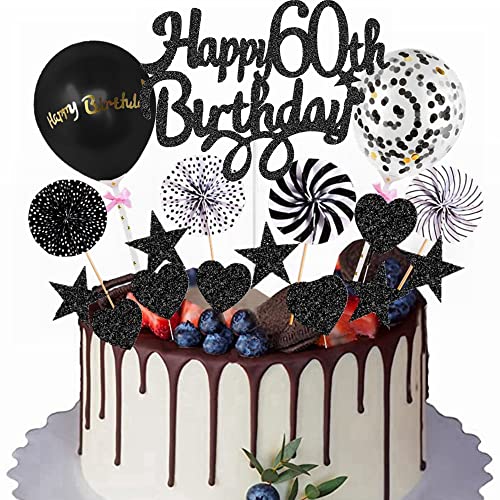 Yunchu Online Happy 60th Birthday Tortendeko Schwarz für Mann Frau - Kuchen Topper, Kuchendeko, Cupcake Toppers - 60 Jahre Geburtstag Deko von Yunchu Online