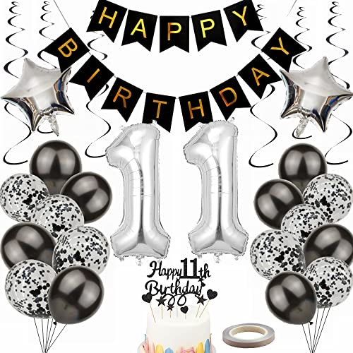 Yunchu Online Luftballon 11. Geburtstag Dekoration für Junge und Mädchen - Black and Silber Party Deko Set - Geschenk für 11 Jahre von Yunchu Online