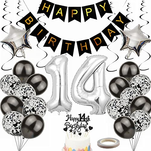 Yunchu Online Luftballon 14. Geburtstag Dekoration 14 Jahr Junge Mädchen Black and Silber Party Deko 14. Geburtstag Junge Party Deko 14 Geburtstag Mädchen Deko Geschenk 14 jahre Geburtstag deko Ballon von Yunchu Online