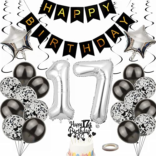 Yunchu Online Luftballon 17. Geburtstag Dekoration für Junge und Mädchen - Black and Silber Party Deko Set - Geschenk für 17 Jahre von Yunchu Online