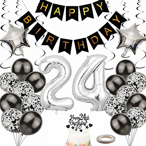 Yunchu Online 24. Geburtstag Dekoration für Männer und Frauen - Luftballon Set in Schwarz und Silber - Party Deko Geschenk von Yunchu Online
