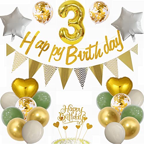 Yunchu Online Luftballon 3. Geburtstag Dekoration Junge Mädchen - Grün und Gold Party Deko Set - Geschenk für 3 Jahre von Yunchu Online