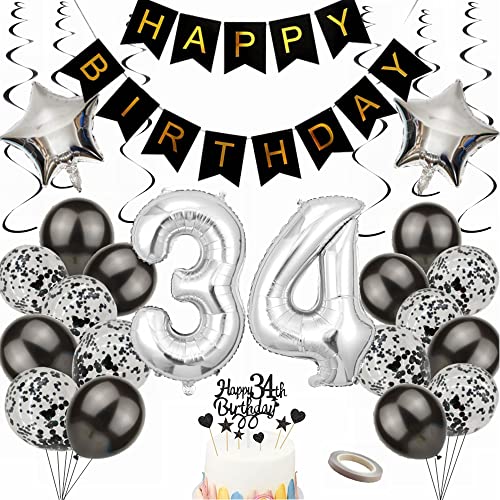 Yunchu Online Luftballon 34. Geburtstag Dekoration für Männer und Frauen - Black and Silber Party Set - Geschenk für 34 Jahre von Yunchu Online