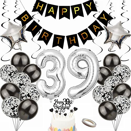 Yunchu Online 39. Geburtstag Dekoration für Männer und Frauen - Luftballon Set in Schwarz und Silber - Party Deko Geschenk für 39 Jahre von Yunchu Online