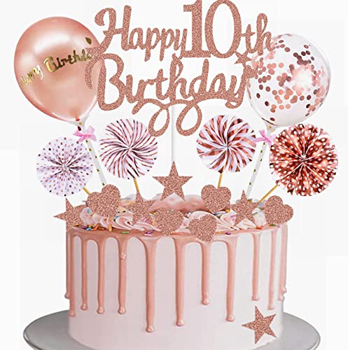 Yunchu Online Tortendeko 10. Geburtstag Mädchen - Happy 10th Birthday Cake Topper Roségold - Kuchen Topper 10 Jahre - Kuchendeko Cupcake Toppers von Yunchu Online