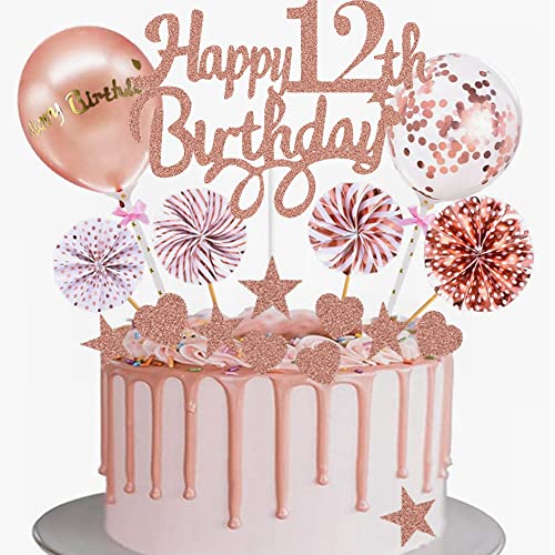 Yunchu Online Tortendeko 12. Geburtstag Mädchen - Happy 12th Birthday Cake Topper Roségold - Kuchen Topper 12 Jahre - Kuchendeko Cupcake Toppers von Yunchu Online