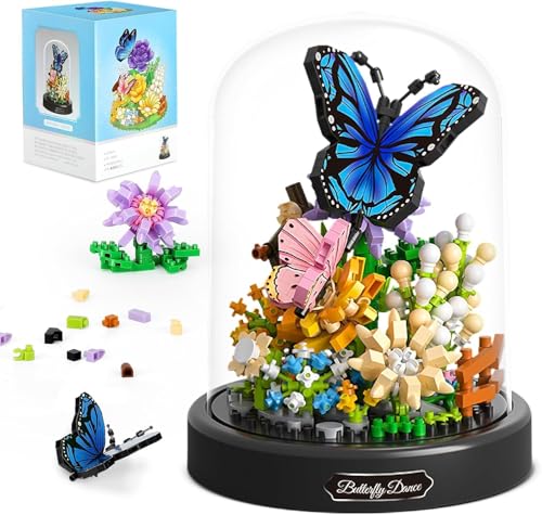 Yunigzmy Schmetterlings Blumenstrauß Baustein Set, Mini Bausteine Tiere, DIY-Insektenblumen, Botanische Sammlung, BAU-Display-Set für Heimdekoration, Ideen, Geschenk, Bauspielzeug (16369-Blau) von Yunigzmy