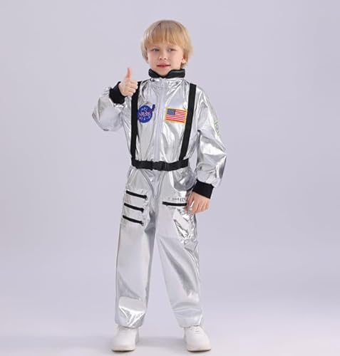 Astronaut Kostüm Kinder, Silber Weltraum Astronauten Overall Uniform, für Mädchen Jungen Raumfahrer Spaceman Kostüm Outfit, Cosplay, Mottoparty, Halloween Karneval (M) von Yunlaishaocer