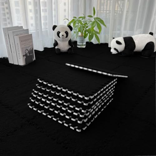 Yunlaishaocer 12 Stück Plüsch Puzzlematte Boden 30x30 cm Teppichfliesen Bodenmatten 10 mm Dick Weiche Spielmatten Für Kinder Wohnzimmer Schlafzimmer Puzzleteppich (Schwarz) von Yunlaishaocer