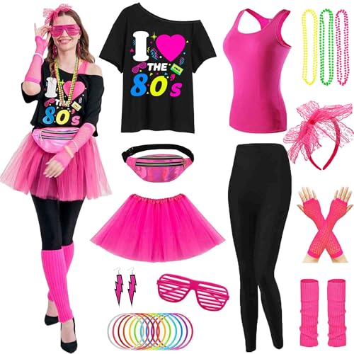 80er 90er Jahre Outfit Damen - Bedrucktes T-Shirt, Tank Top, Beinwärmer, Netzhandschuhe, Ohrringe, Gürteltasche Set für Mottoparty - Neon Kleidung Aerobic (Rose Rot XXXL) 80er 90er Jahre Outfit Damen - Bedrucktes T-Shirt, Tank Top, Beinwärmer, Netzhandschuhe, Ohrringe, Gürteltasche Set für Mottoparty - Neon Kleidung Aerobic (Rose Rot XXXL) von Yunsuelo
