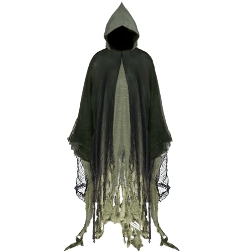 Yunsuelo Halloween Kapuzenumhang Sensenmann Cosplay Kostüm Mittelalter Renaissance Umhang Gothic Zauberer Umhang (Grün + Schwarz) von Yunsuelo