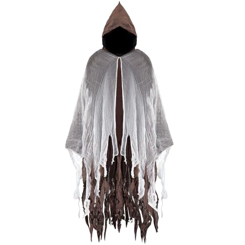 Yunsuelo Halloween Kapuzenumhang Sensenmann Cosplay Kostüm Mittelalter Renaissance Umhang Gothic Zauberer Umhang (Kaffee + Weiß) von Yunsuelo