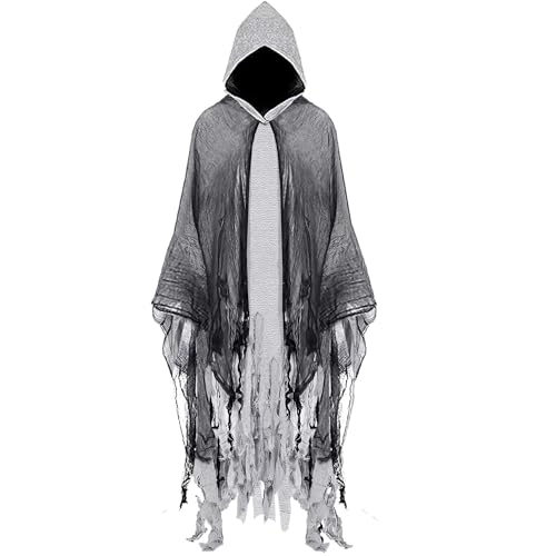 Yunsuelo Halloween-Umhang mit Kapuze, Sensenmann, Cosplay-Kostüm, Mittelalter-Renaissance-Umhang, Gothic-Zauberer-Umhang (grau + schwarz) von Yunsuelo