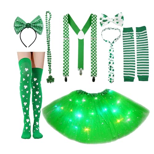 Yunyahe St Patricks Day Kostüm Kostümzubehör-Set Beinhaltet Klassischer Mini Led Glitzer Green Shamrock Tutu Tüllrock Shamrock Socken und Handschuhe Stirnband Halskette für St.Patrick's Day Party von Yunyahe