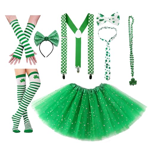 Yunyahe St Patricks Day Kostüm Parade Kostümzubehör-Set Beinhaltet Green Tutu Tüllrock Shamrock Socken und Handschuhe und Shamrock Stirnband Halskette für St.Patrick's Day Dekoration Party Supplies von Yunyahe
