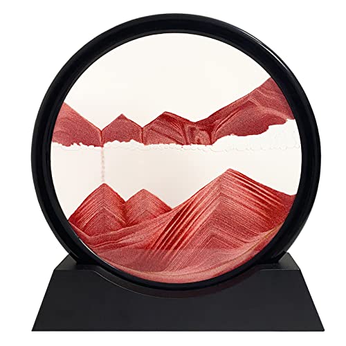 Dynamisch 3D Sandbilder zum Drehen, Fließende Sandmalerei runder Glas Rahmen, Bewegtes Sandbild Natürliche Landschaft, Entspannende Dekoration für Büro Heim Desktop-Kunst (Rot, 12") von Yuomiker