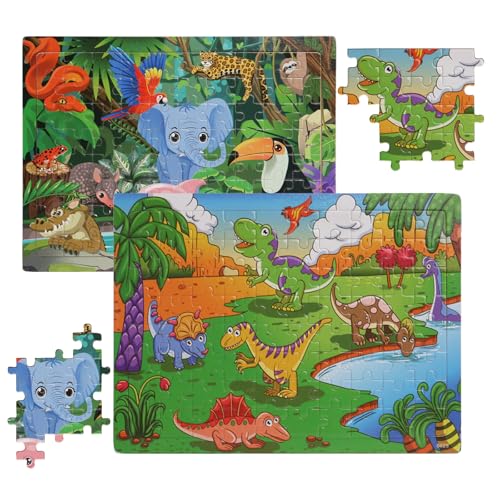 Yuqilin 2 Stück Holzpuzzle Kinder ab 3 4 5 Jahre Dschungel- und Dinosaurier-Motiv Holz Puzzle ab 3 Jahren Naturholz Lernspielzeug Gratfrei für Geburtstage Weihnachten Neujahr Ostern Kindertag (A) von Yuqilin