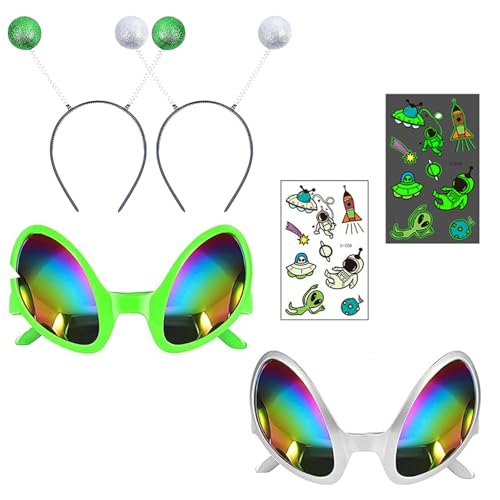 Yuqilin 4 Stück Alien Kostüm Kinder Mit Tattoo-Aufklebern Alien Brille Keine Grate Alien-stirnband Elastisches Design Halloween Kopfschmuck kinder für Schulveranstaltungen Mottopartys Halloween von Yuqilin
